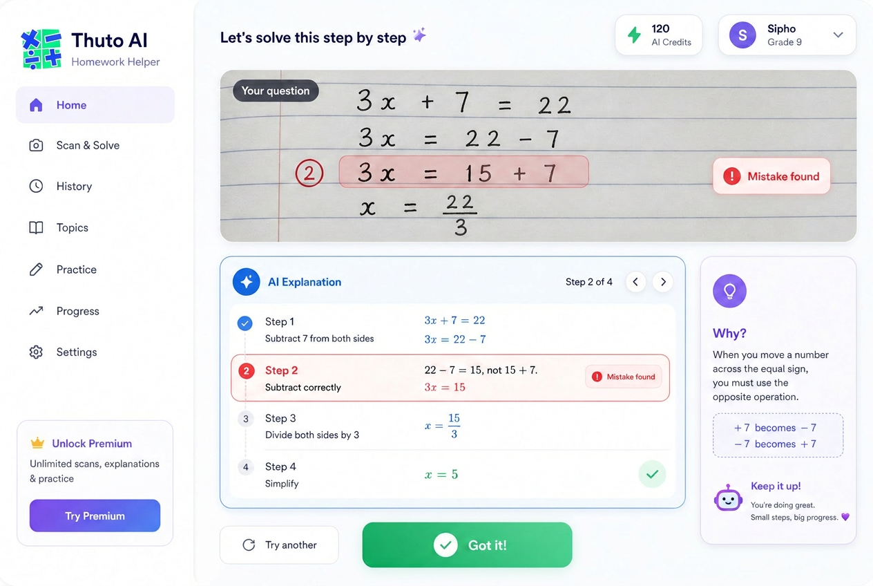 Thuto AI Homework Helper showing step-by-step mistake detection