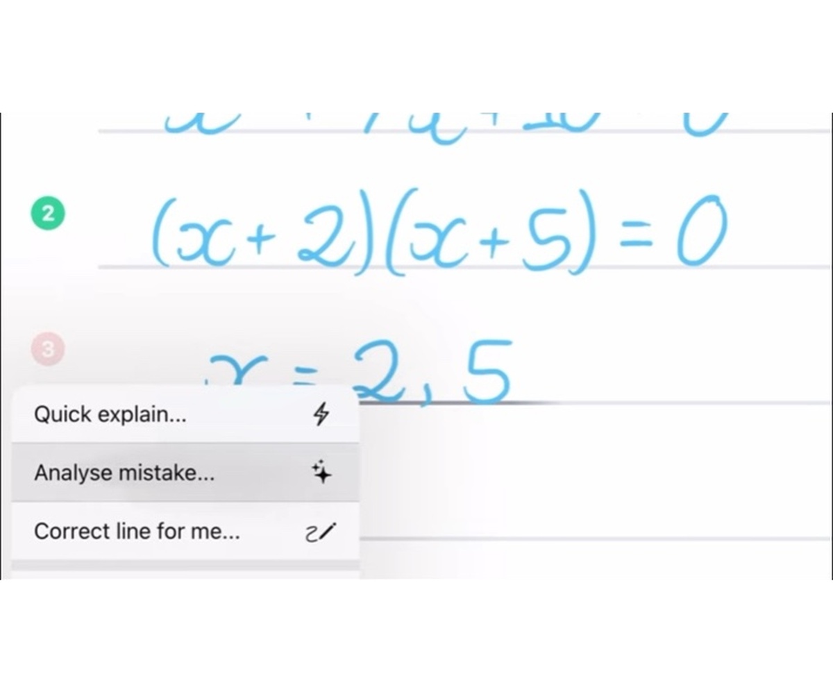 Student chooses between Quick Explain, Analyse Mistake, and Correct Line For Me